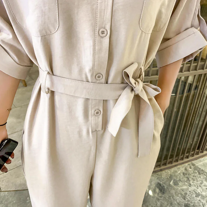 

Jumpsuits Women Bow Lace-up Cargo Baggy Short Sleeve Turn-down Collar Pocket Solid Student Streetwear Harhjuku Leisure Overalls