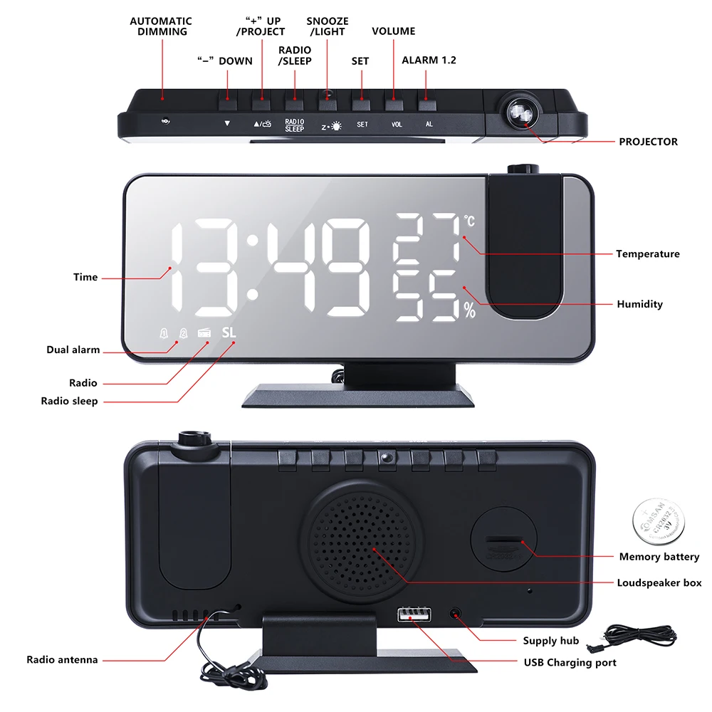 

LED Digital Alarm Clock Watch Table Electronic Desktop Clocks USB Wake Up FM Radio Time Projector Snooze Function 2 Alarm