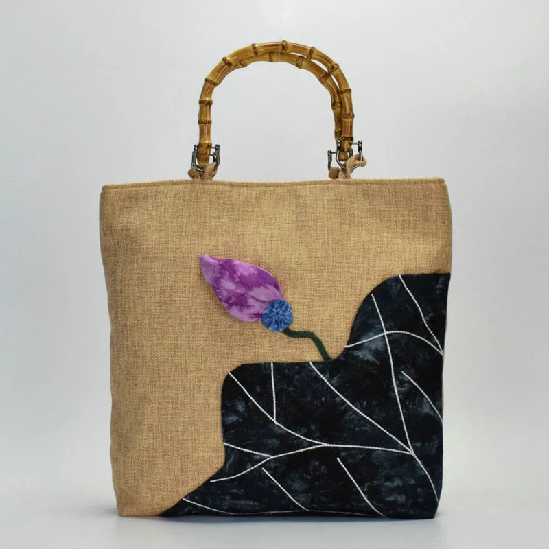 

Original Chinese wind bag handbag vintage cotton and linen one shoulder bag handmade bamboo bag large capacity shopping bag