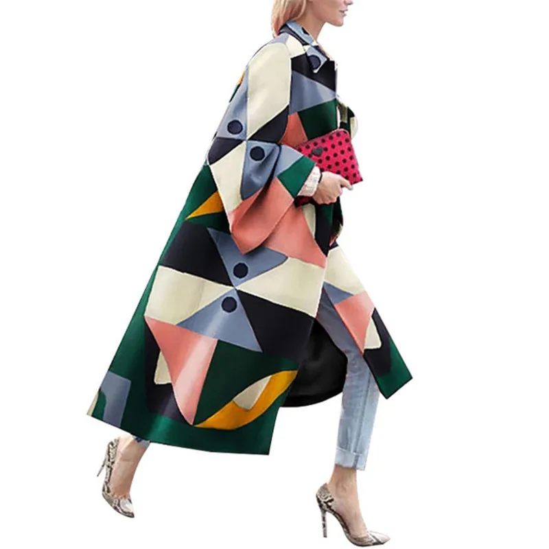 Осенне зимнее пальто для женщин модное с геометрическим принтом цветное женское