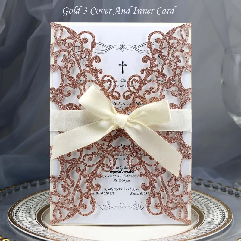 Gold 3 Cover Insert 1 шт. золотисто-синяя Серебристая блестящая бумага лазерная резка свадебные пригласительные открытки с лентой индивидуальный Свадебный декор вечерние принадлежности - Цвет: Gold 3 Cover Insert