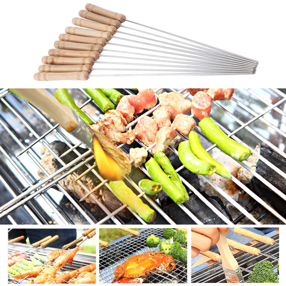 10 шт. плоская палочка для барбекю жарки и игла с деревянной ручкой Brochette Tong Kebabe