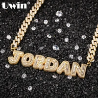 uwin custom name necklace small baguette letter customized pendant with 9mm cuban chain nameplate pink silver color link jewelry