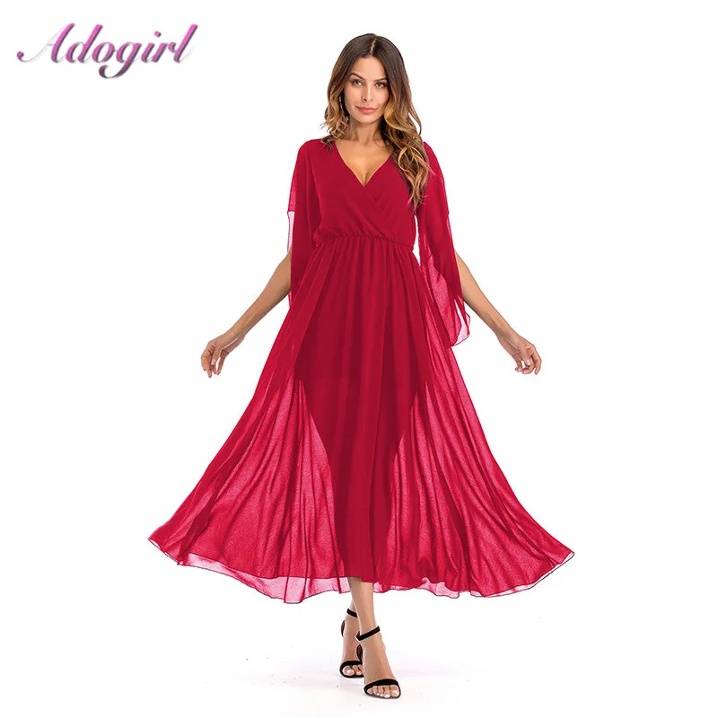Женское шифоновое платье с глубоким V образным вырезом сеткой|Женские платья| |