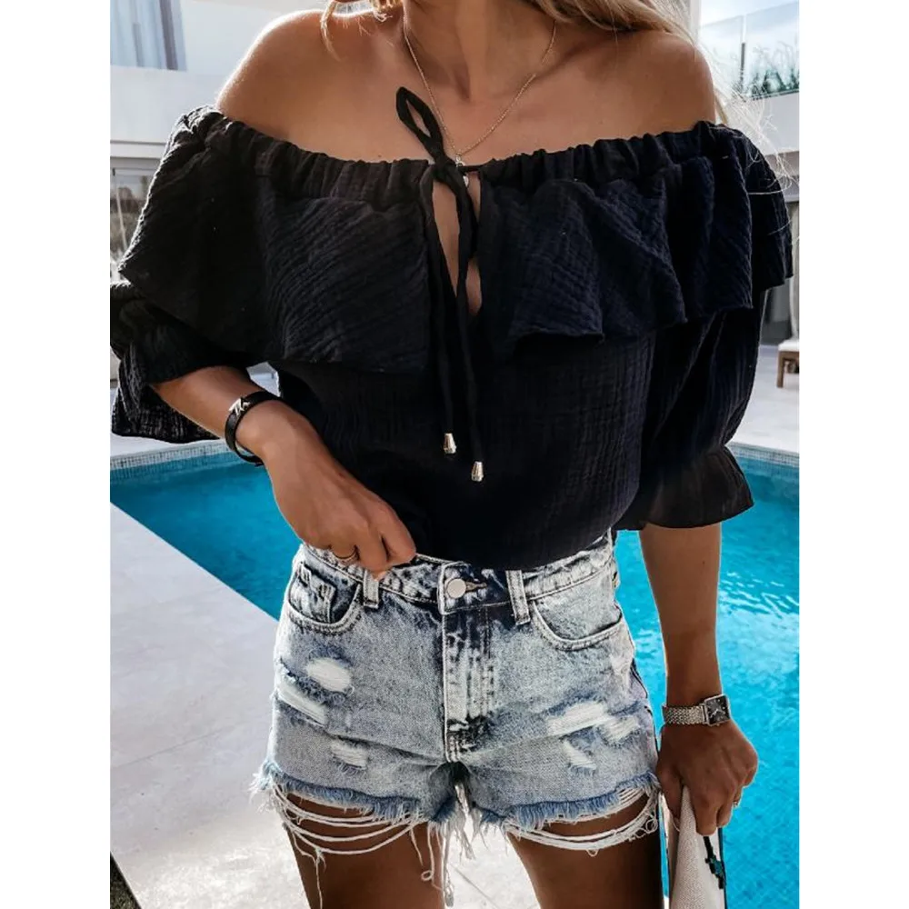 

2021 Summer One-Neck Fashion Solid Color Sexy Short-Sleeved Shirt Women Casual Lace-Up Hollow Out Ruffle Blouse Femme Blusas Top