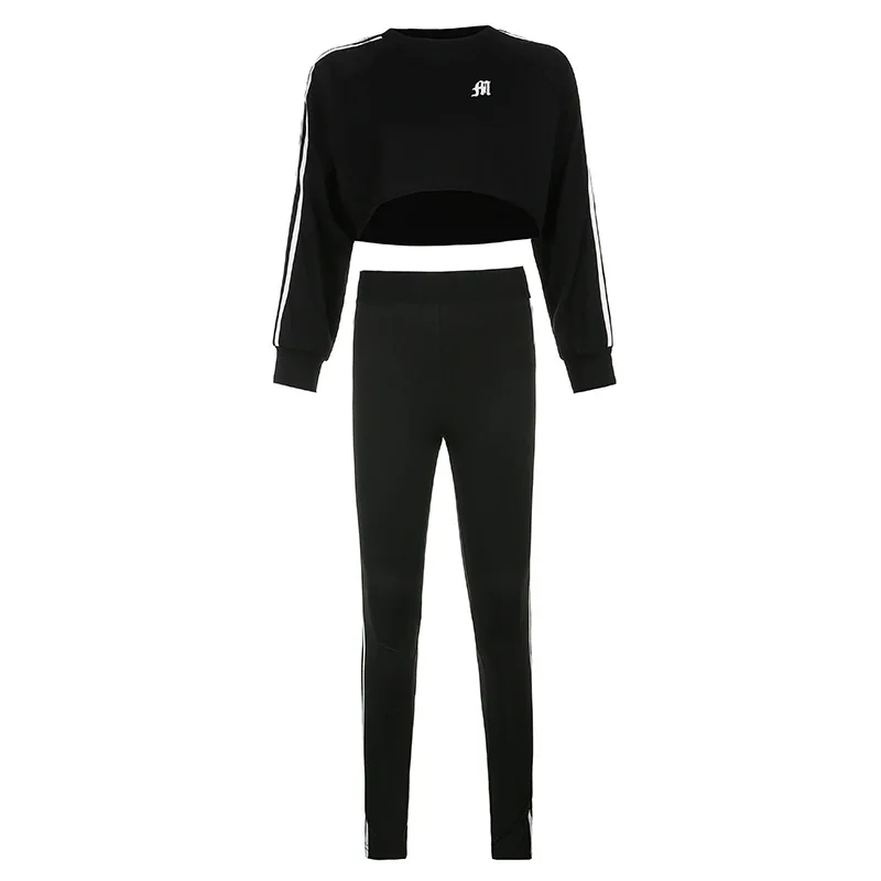 

Ribbon Patchwork Slim Elastic Women's Sets Casual Letter Embroidery Sportswear Suits Long Sleeve T-shirts and Sporty Pants