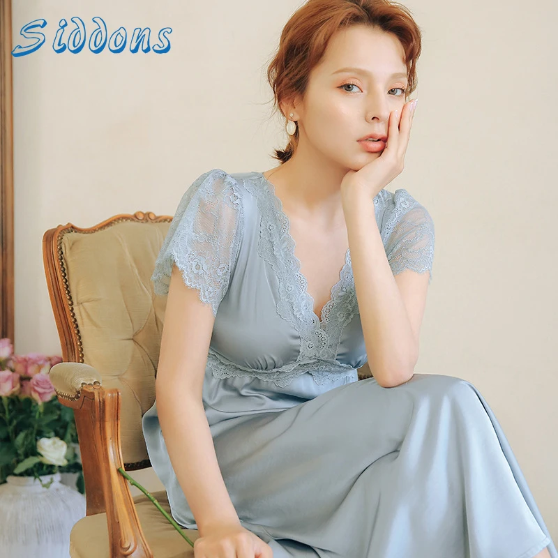 Сексуальная кружевная ночная сорочка с коротким рукавом женская летняя тонкая