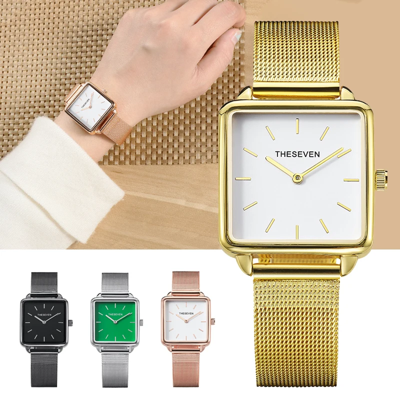 THESEVEN стильные женские часы квадратные золотые Relogio Feminino|Женские наручные часы| |