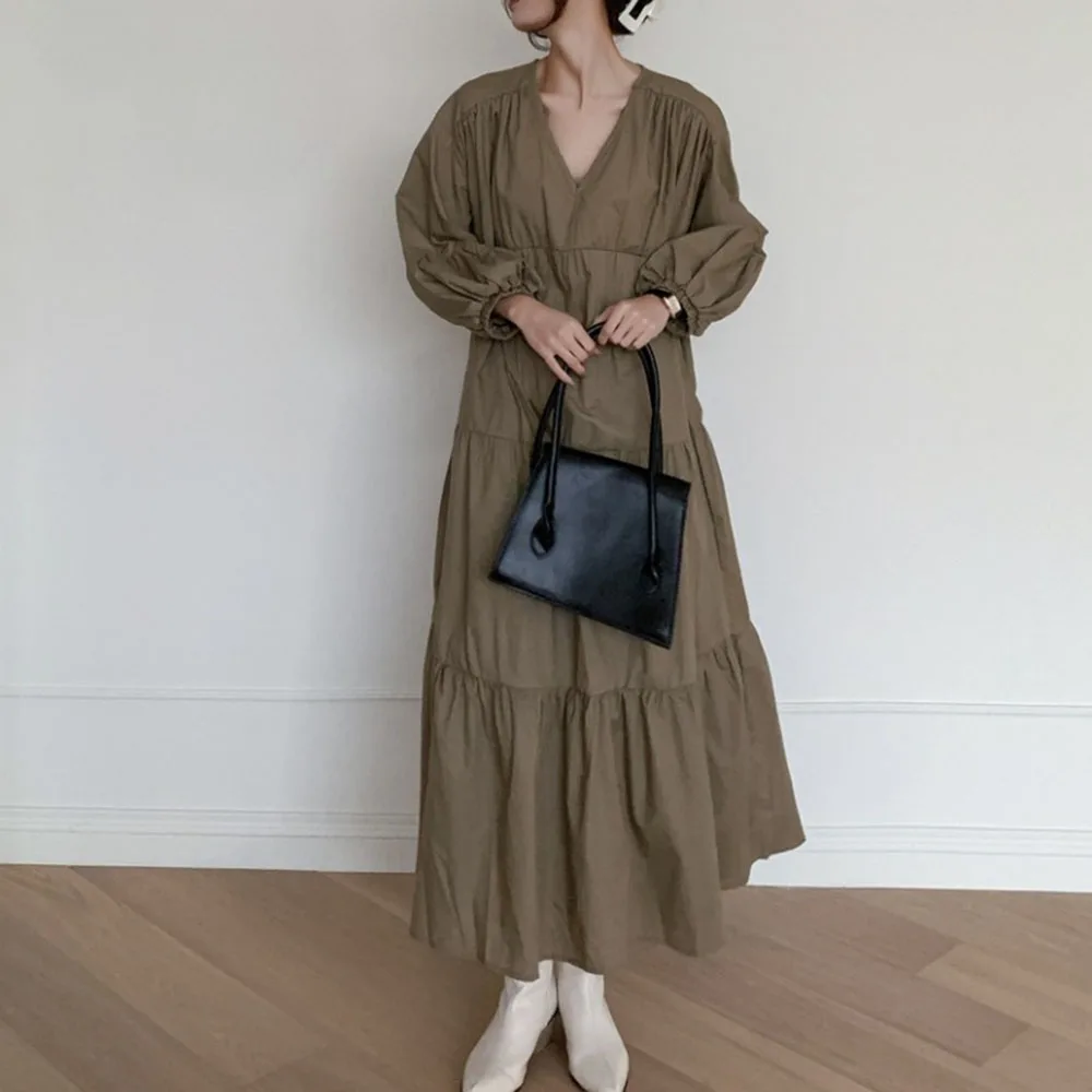 

Women Autumn Long Dress 2021 Puffy New Fashion Pleated Patchwork V Neck Solid Color Fashion Simple Office Lady Female Dresses