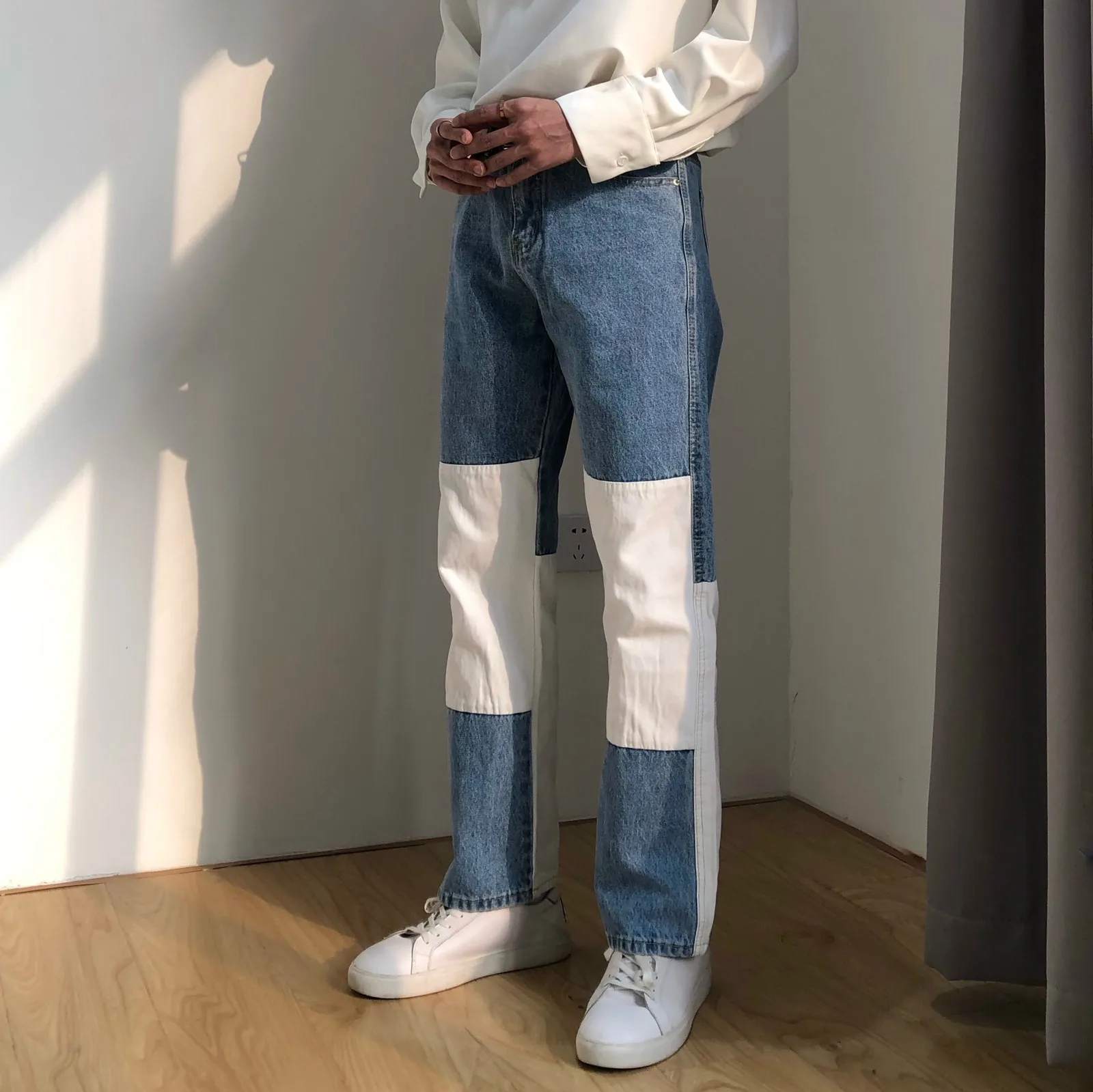 2020 Blue White Spliced Jeans Men's Fashion Baggy Jeans Autumn Straight Pantalettes Hip Hop Jeans Vintage Jeans Mens Loose Jeans