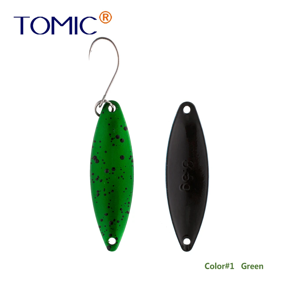 Tomic 1 шт. 1,6 г 2,7 г 3,5 г микро узкие латунные металлические ложки УФ сверкающие цвета окунь форель области один крючок рыболовные приманки Pesca - Цвет: green