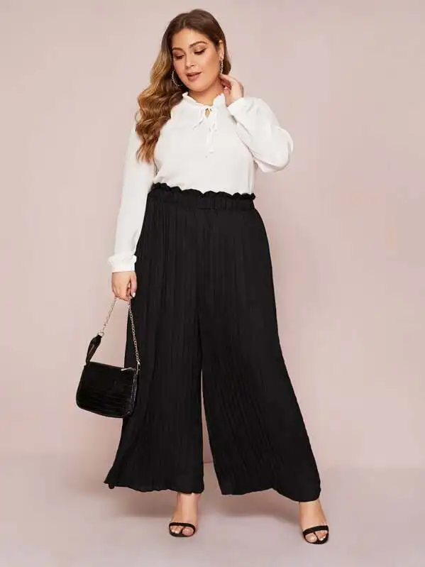 Plus Size Wide Leg Pleated Pants Women Casual Elastic Ruffled Waist 2020 New Fashion Black Loose Long Summer Trousers | Женская одежда