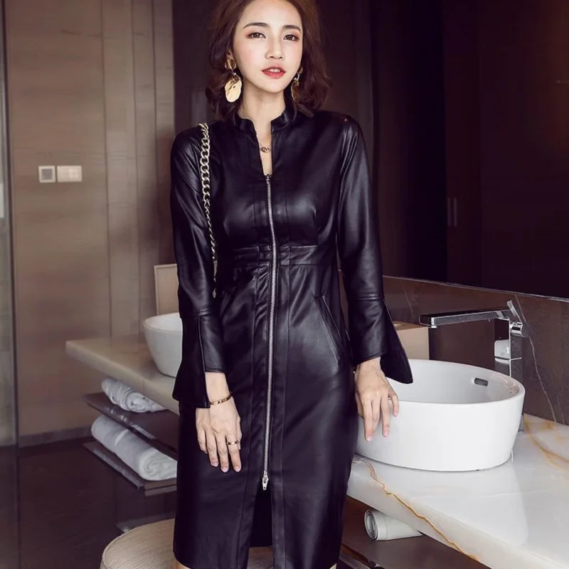 Women's Clothing Slim Fit Pu Dresses High Imitation Leather Dresses Elegant Women's Dresses Women's Autumn Winter Clothing