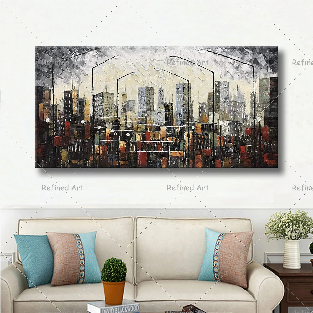 

Большая картина маслом, ручная роспись, настенное искусство, современная абстрактная городская архитектура, декор для гостиной, украшение ...