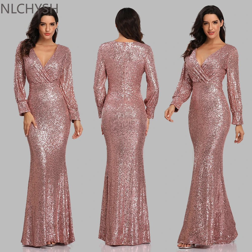 

Sexy V-neck Mermaid Evening Dress Long Formal Prom Party Gown Full Sequins long Sleeve Women Dresses 2021