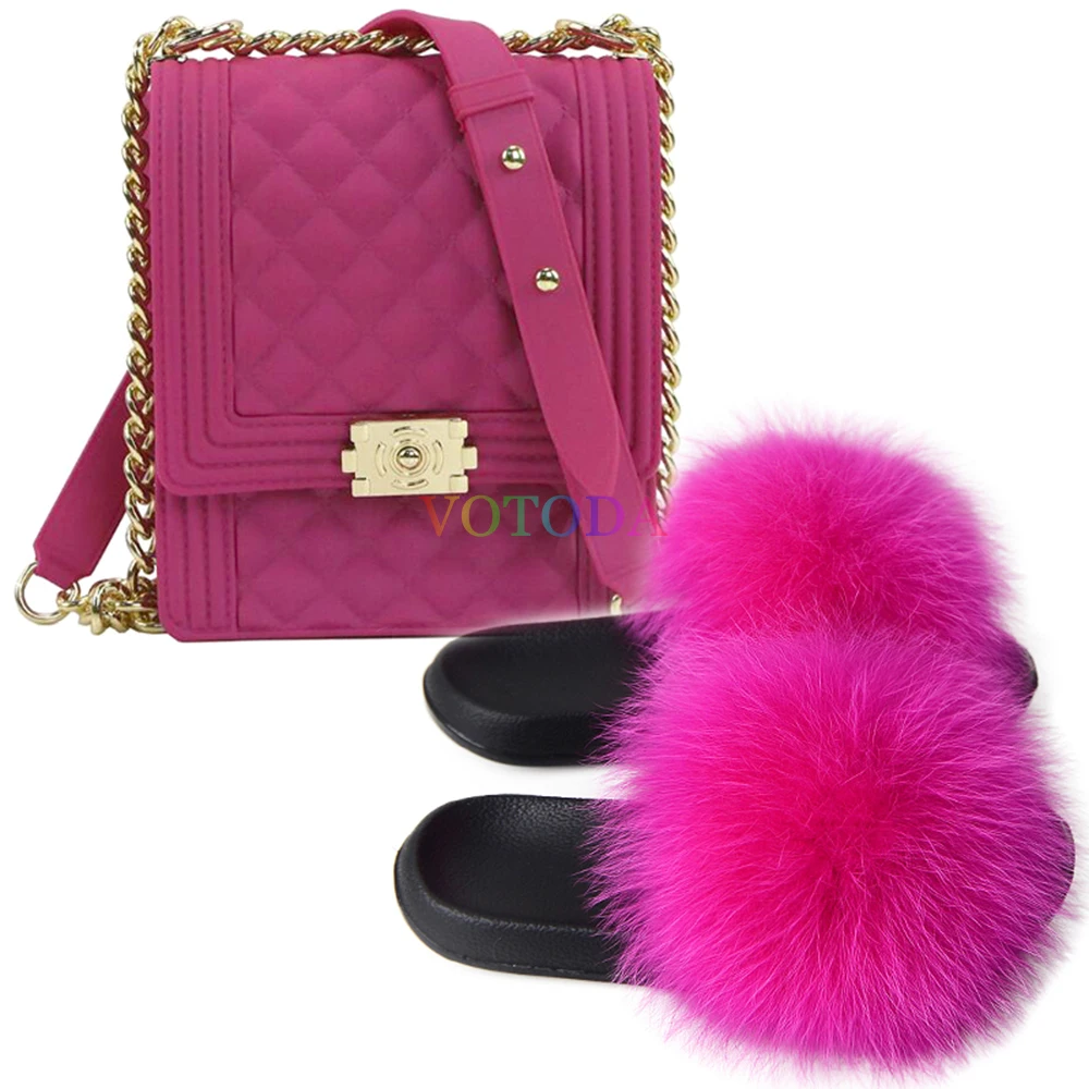 

Women Shoes Bags Set Furry Fox Fur Slippers Jelly Bags Purse Set Summer Female Fluffy Fur Slides Fashion Ladies Dinner Shoes Set