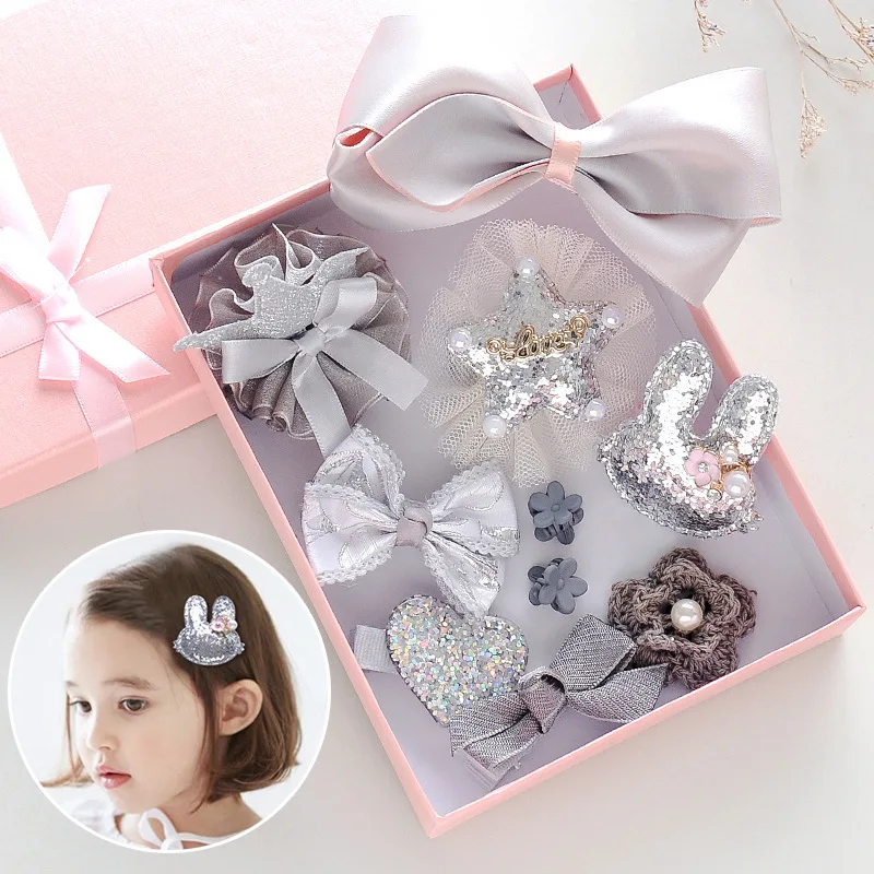 10pcs/set Gift Box Hair Clips for Girls Accessories Lovely Cartoon Bow Kids Hairpins Headwear Princess Flower Barrettes | Красота и