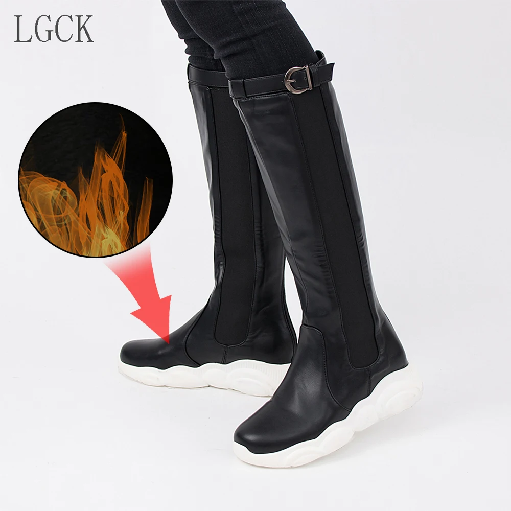 

Plus Size 34-46 PU Leather Women Long Boots Riding Casual Belt Buckle Elastic Band Autumn Winter Flats Loose Boot Mujer Footwear