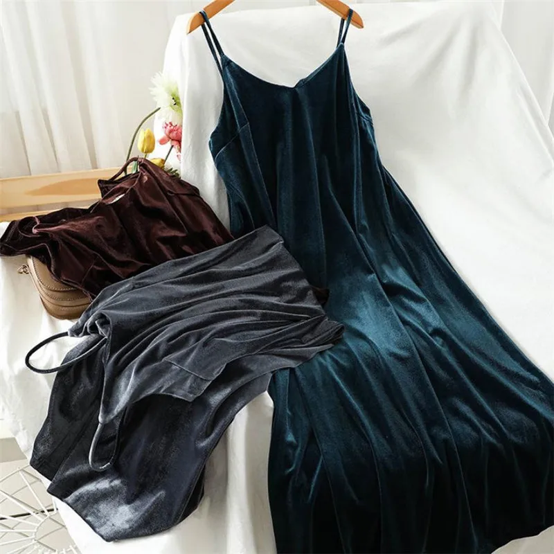 

Sexy Long Sleep Dress Women Velvet V Strap Nightgown Mid-length Nightdress Hot Home Clothes Lingerie Bath Gown Lounge Dresses