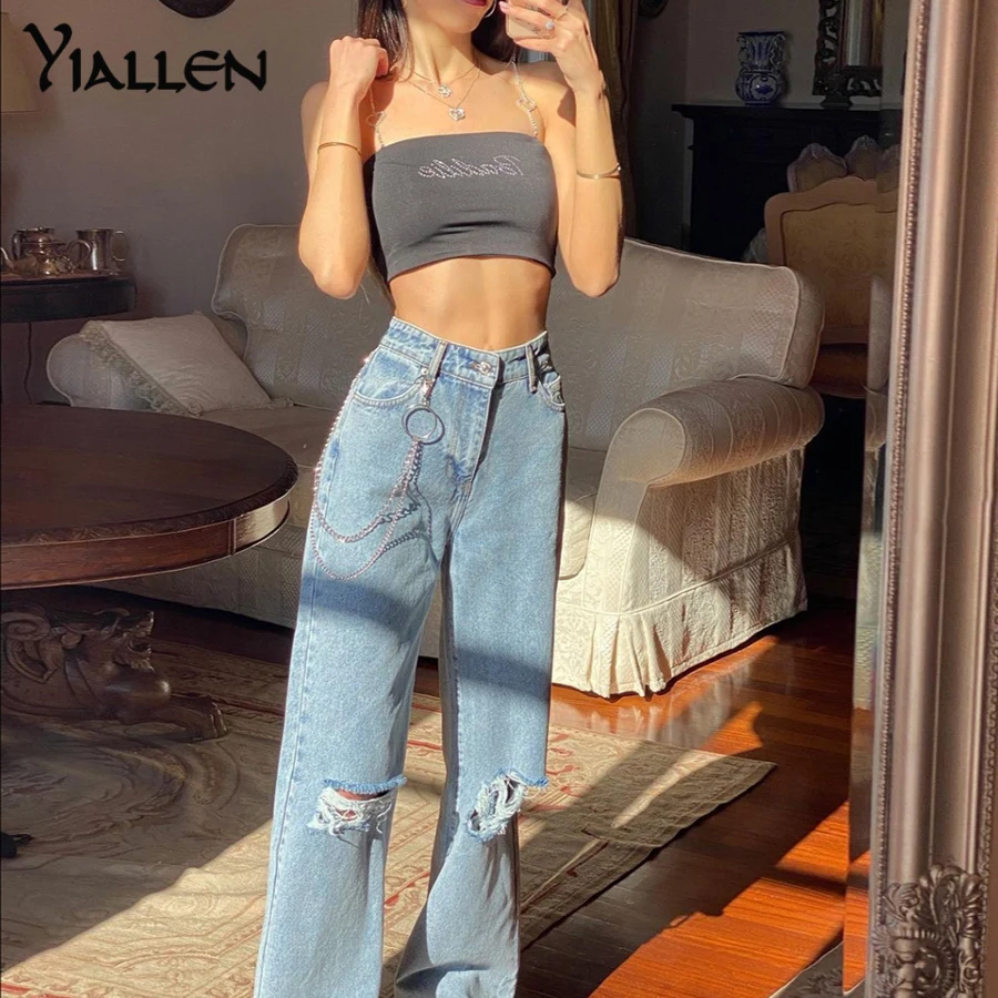 

Yiallen Y2K Harajuku Letter Hole Pants Women High Waist Straight Jeans Chain Hip Hop Denim Casual Baggy Trousers Streetwear2021