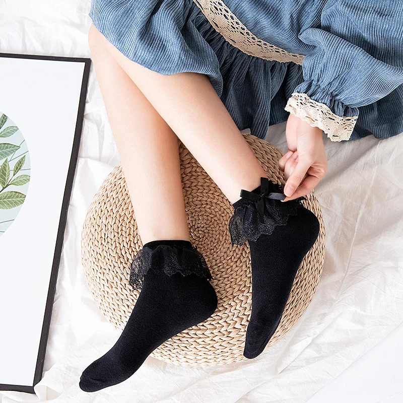 Lolita Cute Lace Socks Women Ruffles Female Kawaii Breathable Cotton Ankle Princess Solid Lady Harajuku Vintage Soft Short Socks