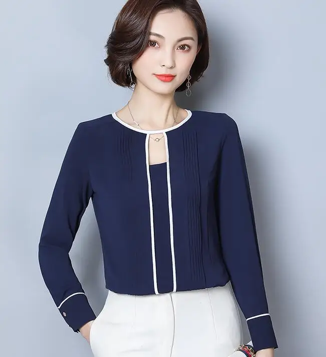 

New Leaf 2020 New Arrival High Quality Hollow-out Pure Color Round Collar Long Sleeve Woman Chiffon Blouse Navy