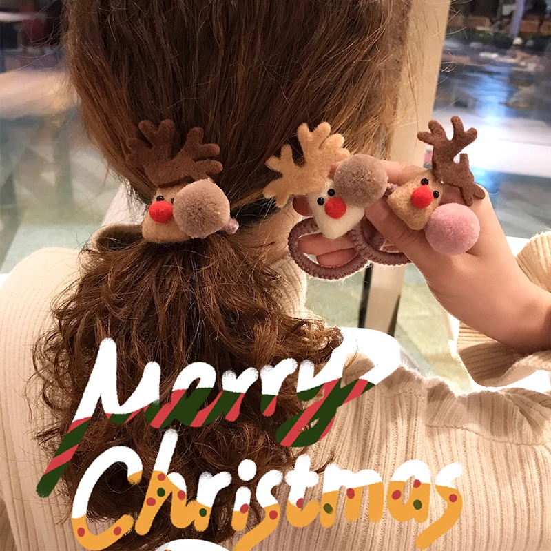 Рождество волосы оленя аксессуары Лось с меховыми помпонами резинка для волос