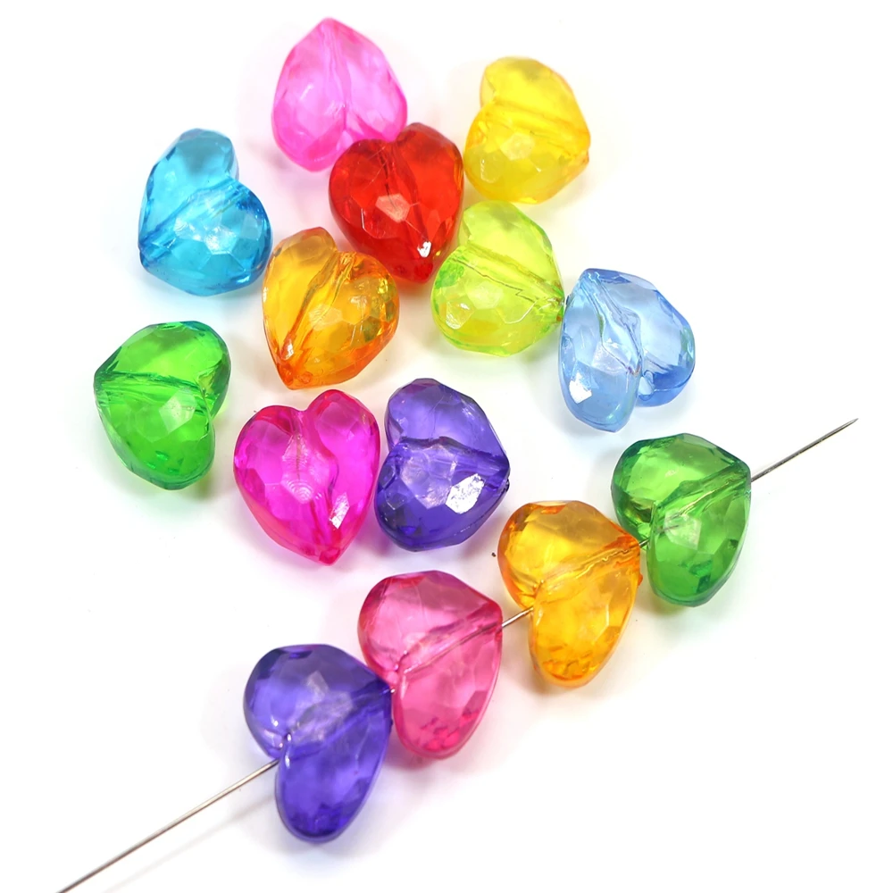 

50 Mixed Colour Transparent Acrylic Faceted Heart Charm Beads 20mm Jewelry Make