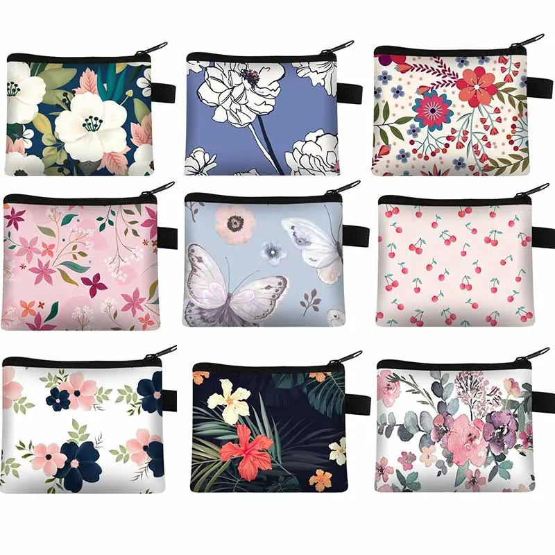 Mini Portable Earphone Coin Bag Purse Headphone USB Cable Case Storage Wallet Carrying Pouch Bag Flower Pring Key Card Pouch