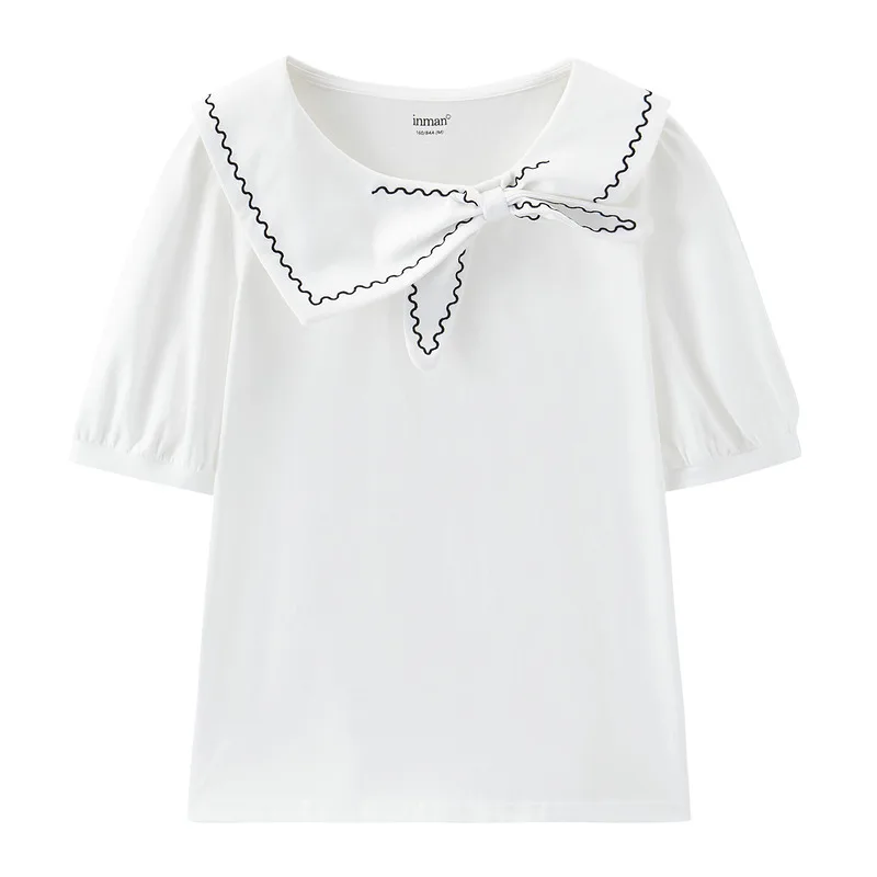 

INMAN Summer Autumn T-Shirt Women Kawaii Sweet Color Contrast Embroidery Bow-Knot Collar Pastoral Fresh Short Sleeve Top