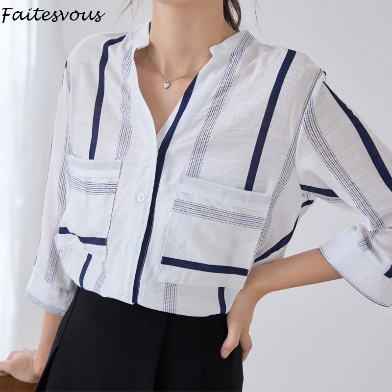 

Korean Striped Button Up Shirts Women Fashion V-neck Short Sleeved White Blouses 2021 Summer Thin Tops Plus Size