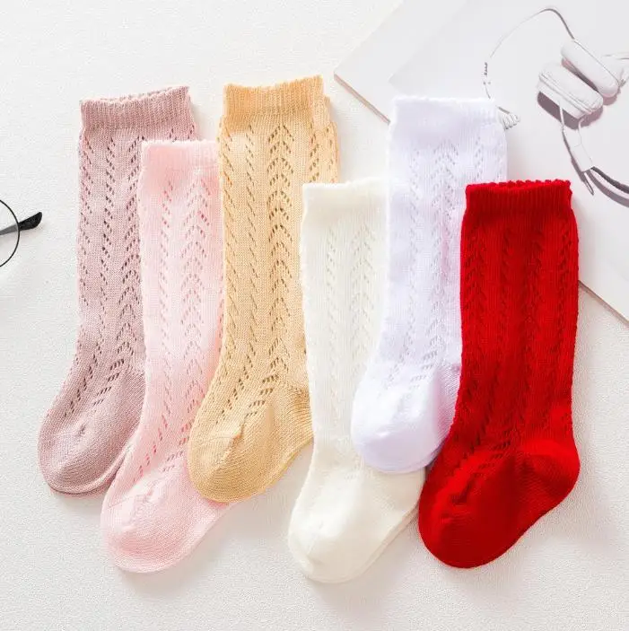 Calcetines hasta la rodilla ahuecados para ni&ntilde;os y ni&ntilde;as, medias c&oacute;modas de Color s&oacute;lido, a la moda-0