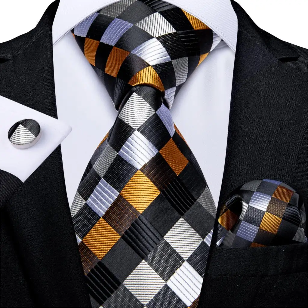 

New Fashion Plaid Men's Tie Set High Quality 8cm Width Neck Tie Handkerchief Cufflinks Business Wedding Tie Gift For Men DiBanGu