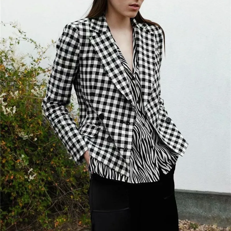 

TMODA1118 Za 2021 Women Fashion Casual Blazer Jacket Outerwear Long Sleeve Open-stitch Plaid Single Breasted Coats Chic Tops