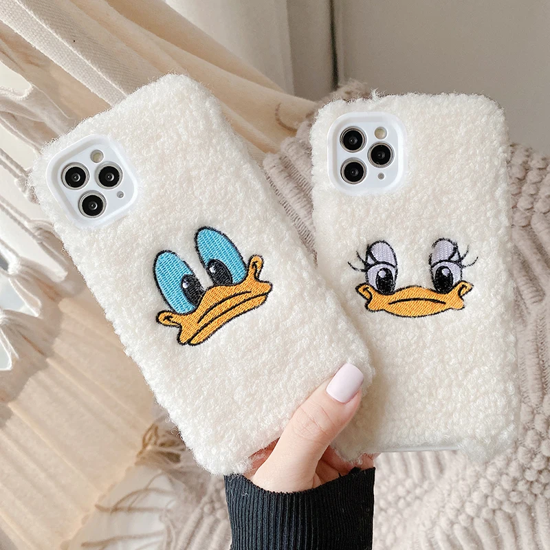 

Cartoon Duck Embroidery Plush Phone Case For iPhone 12 11 Pro Max X XR XS Max 8 Plus Winter Warm White Lambwool Soft Cover