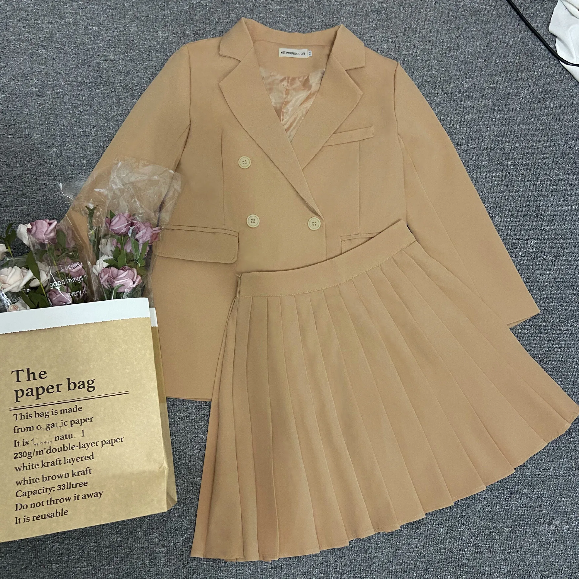 

Double Breasted Suit Female Pleated High Waist Skirt 2021 Casual Office Business Suit For Women Plus Size Skirt Two Piece Set