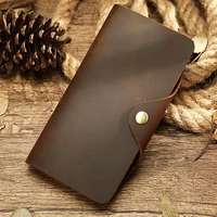 mens crazy horse leather long wallet brown real leather trifold clutch snap purse hasp purse with phone pocket and coin pocket