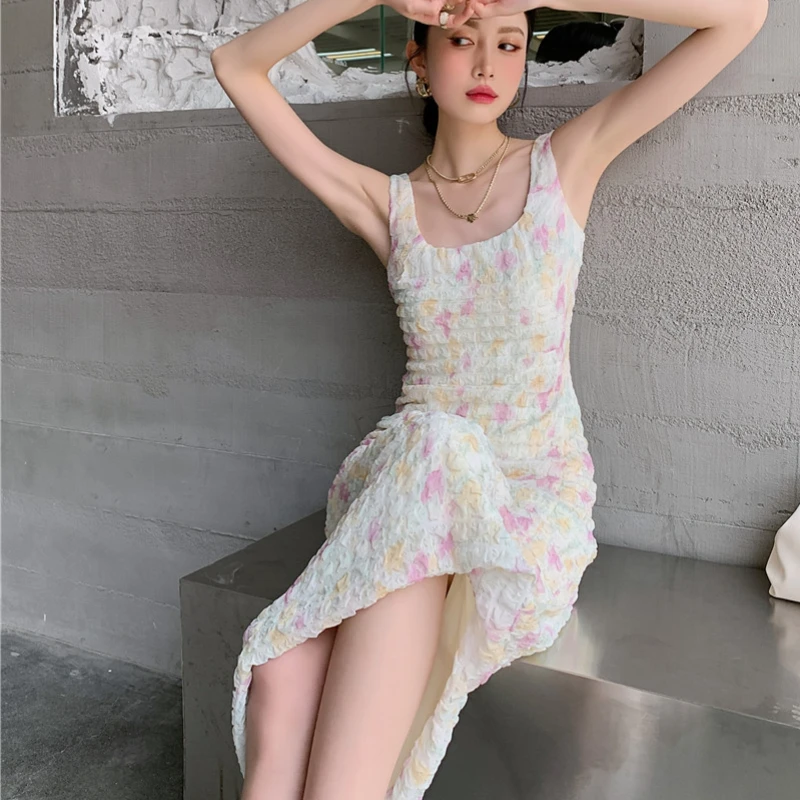 

Kimotimo Print Sling Dress Summer Sweet Beauty U Collar Creasing Slim Lady Hip Strap Long Dress Graceful Designer Korean Clothes