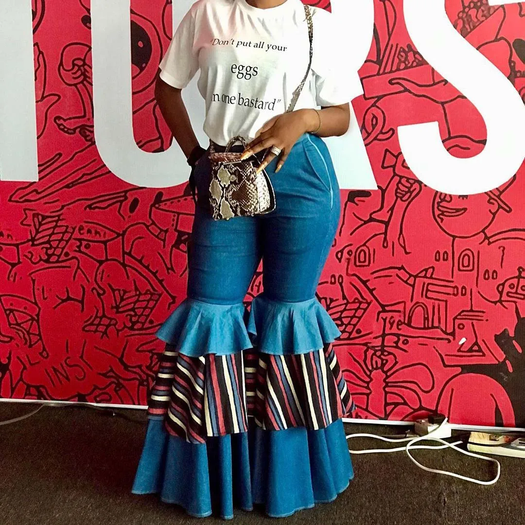 2019 новые весенние женские синие расклешенные брюки клёш с высокой талией