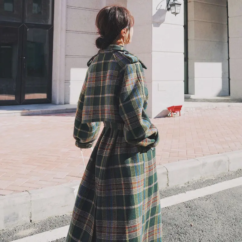 

Blue Plaid Trench Coat Belt 2020 Autumn Winter Women Korean Loose Lattice Windbreaker Ladies British Long Overwear Woolen Coat