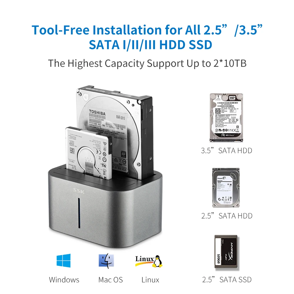Док станция SSK алюминиевая 2 Bay для HDD док HD двойной SATA на Usb 0 5 3 внешний жесткий диск