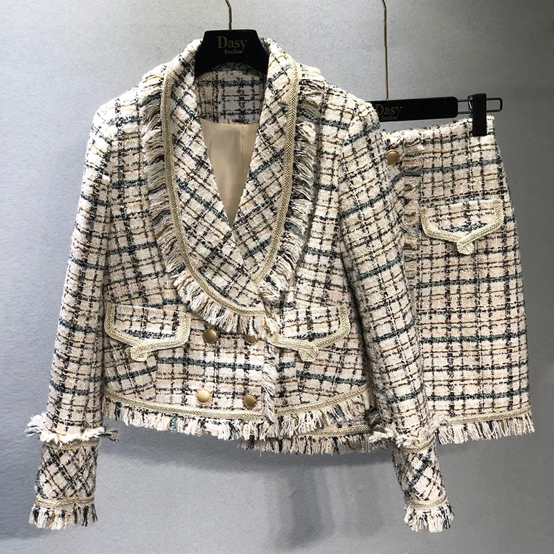 

Женский твидовый комплект из двух предметов CBAFU, двубортный пиджак с кисточками, винтажная элегантная юбка-карандаш, F819, на осень