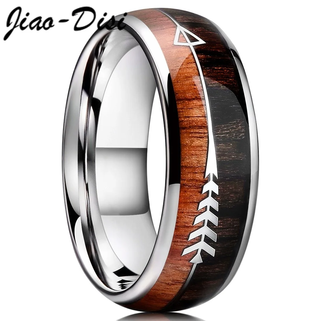 

Style Men 8mm Tungsten Carbide Rings Black Brushed Koa Wood & Abalone Shell Inlay Meteorite Arrow Wedding Band Men's Jewelry