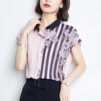 stripe women shirt chiffon pink blouses women short sleeve shirts elegant woman clothing basic female ol printed splicing blouse