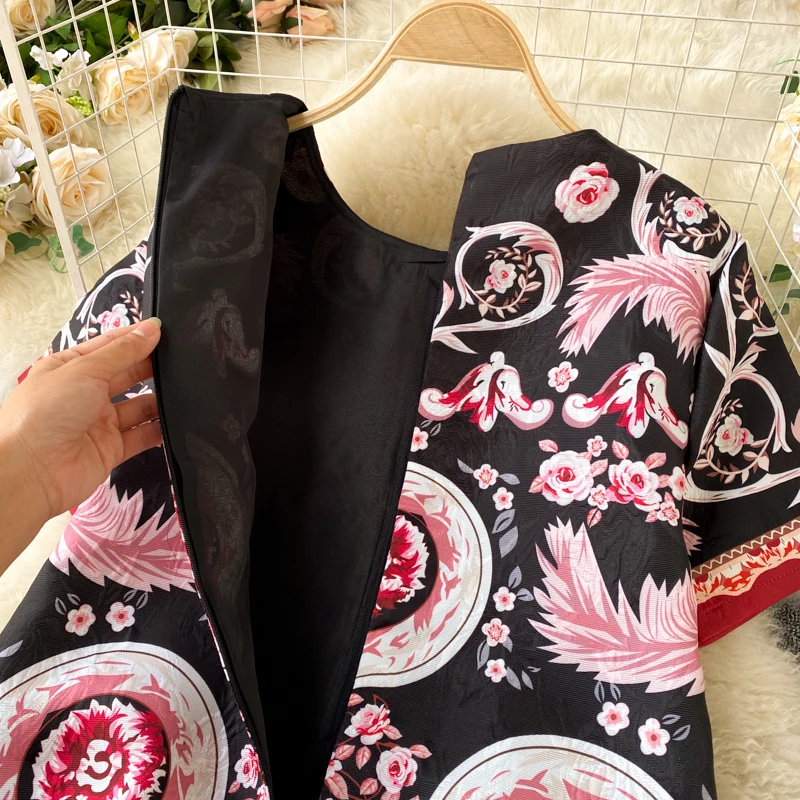 

Croysier Summer Dress 2021 Fashion Women Clothing Floral Print Jacquard Vintage Dress Round Neck Short Sleeve T Shirt Dress