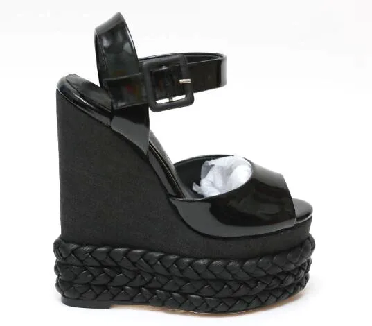 

New Black Patent Leather Wedge Heel Platform Sandals Peep Toe Gladiator Buckle Strap Super High Heels Vacation Shoes