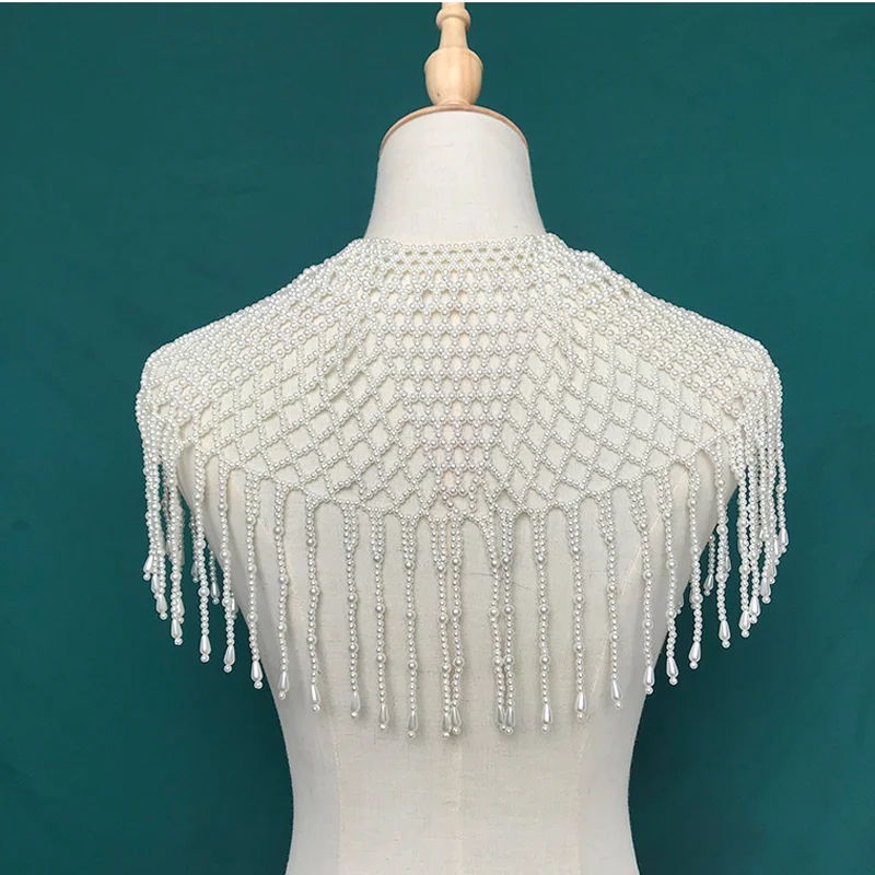 

Elegant Pearls Lady Shawl Wrap Fake Collar with Tassel Fringe Lady Shirt Accessory Dress Bridal Wedding Cape Ivory Short Cloak