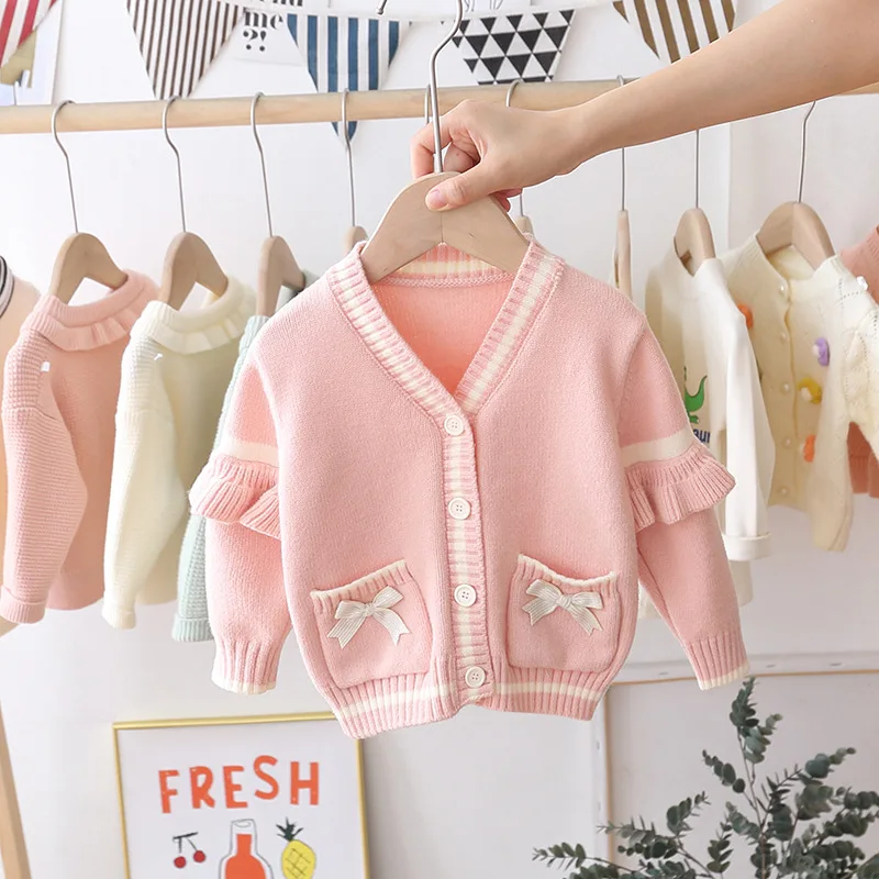 

Baby Girls Toddler Sweaters Autumn Children Outerwear Kids Clothes with 2 Pockets 3Color 1-6Y
