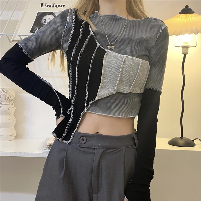 

New Style Short Long-Sleeved T-Shirt Spring Vacation Two Pieces Of Irregular Tie-Dye Stitching Top Harajuku Street Style