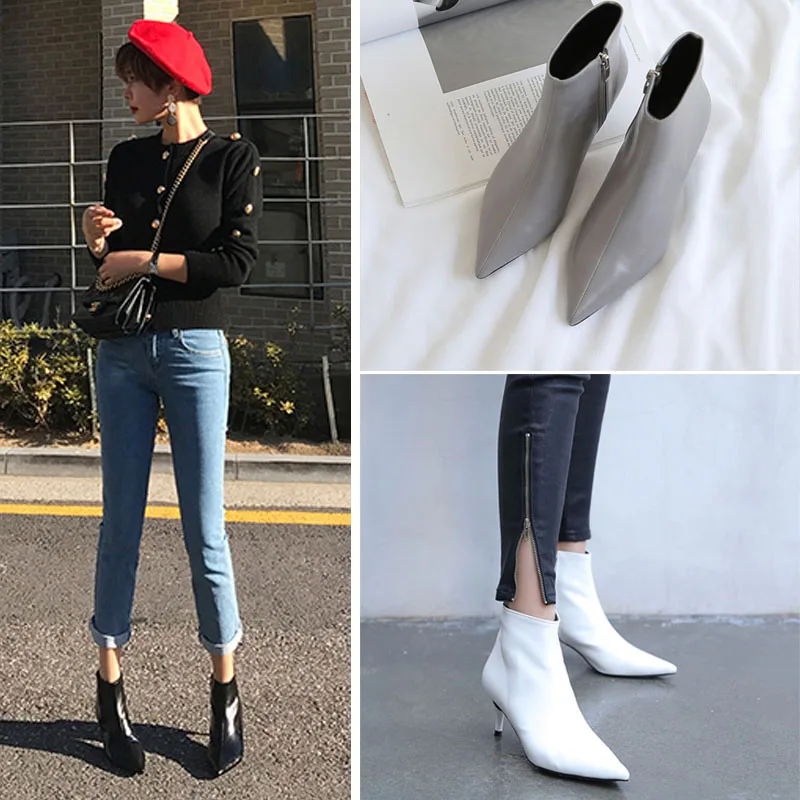 2020 New Style for Autumn and Winter Tip High Heel Thin Heeled Martin Boots Leather Ankle Women's Singles | Обувь
